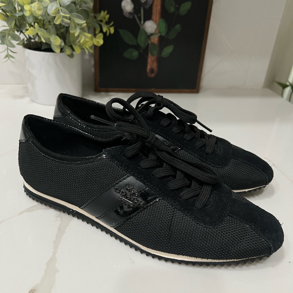 COACH DESIGNER WOMEN Sz 7.5 B BLACK MESH LEATHER SNEAKERS AUTHENTIC SHOES $198